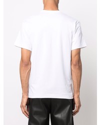 weißes und schwarzes bedrucktes T-Shirt mit einem Rundhalsausschnitt von Comme Des Garcons Homme Plus