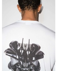 weißes und schwarzes bedrucktes T-Shirt mit einem Rundhalsausschnitt von Comme Des Garcons Homme Plus