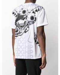 weißes und schwarzes bedrucktes T-Shirt mit einem Rundhalsausschnitt von Comme Des Garcons Homme Plus