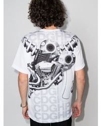 weißes und schwarzes bedrucktes T-Shirt mit einem Rundhalsausschnitt von Comme Des Garcons Homme Plus