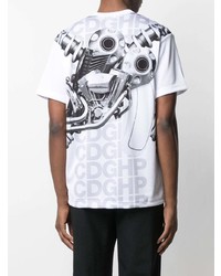 weißes und schwarzes bedrucktes T-Shirt mit einem Rundhalsausschnitt von Comme Des Garcons Homme Plus