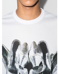 weißes und schwarzes bedrucktes T-Shirt mit einem Rundhalsausschnitt von Comme Des Garcons Homme Plus