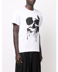 weißes und schwarzes bedrucktes T-Shirt mit einem Rundhalsausschnitt von Comme Des Garcons Homme Plus