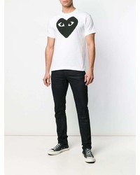 weißes und schwarzes bedrucktes T-Shirt mit einem Rundhalsausschnitt von Comme Des Garcons Play