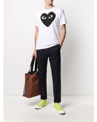 weißes und schwarzes bedrucktes T-Shirt mit einem Rundhalsausschnitt von Comme Des Garcons Play