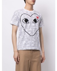 weißes und schwarzes bedrucktes T-Shirt mit einem Rundhalsausschnitt von Comme Des Garcons Play