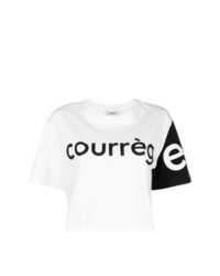 weißes und schwarzes bedrucktes T-Shirt mit einem Rundhalsausschnitt von Courreges
