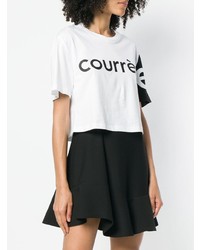 weißes und schwarzes bedrucktes T-Shirt mit einem Rundhalsausschnitt von Courreges