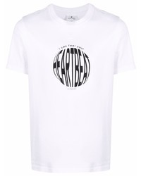 weißes und schwarzes bedrucktes T-Shirt mit einem Rundhalsausschnitt von Courrèges