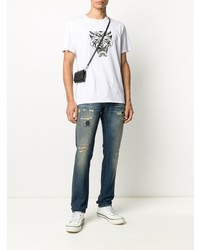 weißes und schwarzes bedrucktes T-Shirt mit einem Rundhalsausschnitt von Just Cavalli