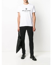 weißes und schwarzes bedrucktes T-Shirt mit einem Rundhalsausschnitt von Belstaff