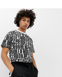 weißes und schwarzes bedrucktes T-Shirt mit einem Rundhalsausschnitt von Crooked Tongues