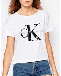 weißes und schwarzes bedrucktes T-Shirt mit einem Rundhalsausschnitt von Calvin Klein Jeans