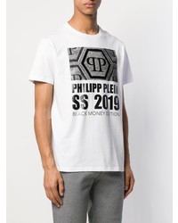 weißes und schwarzes bedrucktes T-Shirt mit einem Rundhalsausschnitt von Philipp Plein