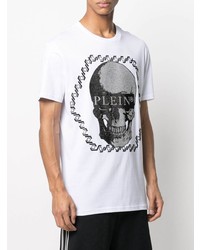 weißes und schwarzes bedrucktes T-Shirt mit einem Rundhalsausschnitt von Philipp Plein