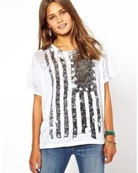 weißes und schwarzes bedrucktes T-Shirt mit einem Rundhalsausschnitt von Denim & Supply Ralph Lauren