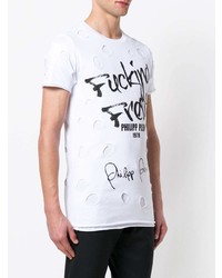 weißes und schwarzes bedrucktes T-Shirt mit einem Rundhalsausschnitt von Philipp Plein