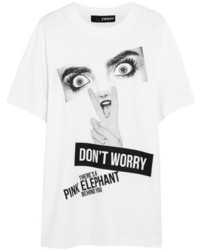weißes und schwarzes bedrucktes T-Shirt mit einem Rundhalsausschnitt von DKNY