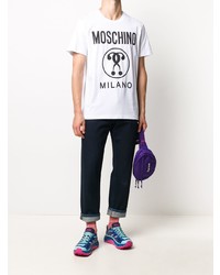 weißes und schwarzes bedrucktes T-Shirt mit einem Rundhalsausschnitt von Moschino