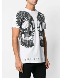 weißes und schwarzes bedrucktes T-Shirt mit einem Rundhalsausschnitt von Philipp Plein