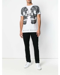 weißes und schwarzes bedrucktes T-Shirt mit einem Rundhalsausschnitt von Philipp Plein