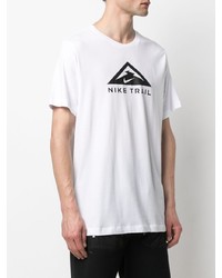 weißes und schwarzes bedrucktes T-Shirt mit einem Rundhalsausschnitt von Nike