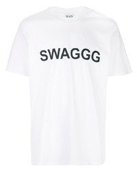 weißes und schwarzes bedrucktes T-Shirt mit einem Rundhalsausschnitt von Duo