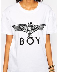 weißes und schwarzes bedrucktes T-Shirt mit einem Rundhalsausschnitt von Boy London