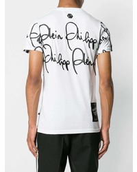 weißes und schwarzes bedrucktes T-Shirt mit einem Rundhalsausschnitt von Philipp Plein