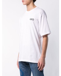 weißes und schwarzes bedrucktes T-Shirt mit einem Rundhalsausschnitt von Geo