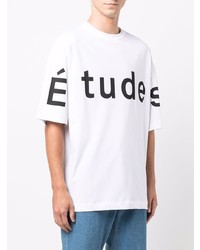 weißes und schwarzes bedrucktes T-Shirt mit einem Rundhalsausschnitt von Études