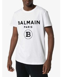 weißes und schwarzes bedrucktes T-Shirt mit einem Rundhalsausschnitt von Balmain