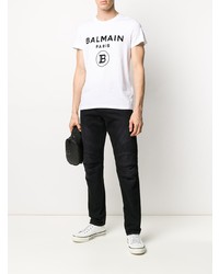 weißes und schwarzes bedrucktes T-Shirt mit einem Rundhalsausschnitt von Balmain