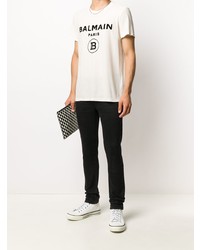 weißes und schwarzes bedrucktes T-Shirt mit einem Rundhalsausschnitt von Balmain