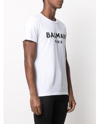 weißes und schwarzes bedrucktes T-Shirt mit einem Rundhalsausschnitt von Balmain