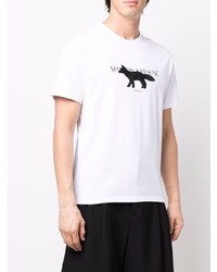 weißes und schwarzes bedrucktes T-Shirt mit einem Rundhalsausschnitt von MAISON KITSUNÉ