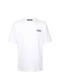 weißes und schwarzes bedrucktes T-Shirt mit einem Rundhalsausschnitt von Geo