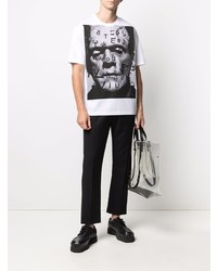 weißes und schwarzes bedrucktes T-Shirt mit einem Rundhalsausschnitt von Junya Watanabe MAN