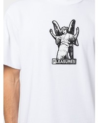 weißes und schwarzes bedrucktes T-Shirt mit einem Rundhalsausschnitt von Pleasures