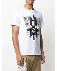 weißes und schwarzes bedrucktes T-Shirt mit einem Rundhalsausschnitt von Just Cavalli