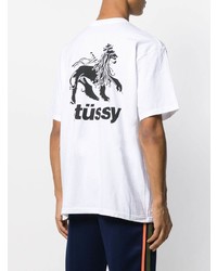 weißes und schwarzes bedrucktes T-Shirt mit einem Rundhalsausschnitt von Stussy