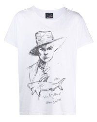 weißes und schwarzes bedrucktes T-Shirt mit einem Rundhalsausschnitt von Greg Lauren