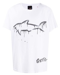 weißes und schwarzes bedrucktes T-Shirt mit einem Rundhalsausschnitt von Greg Lauren X Paul & Shark