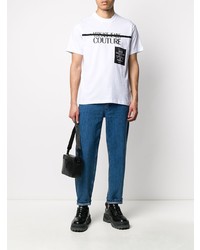 weißes und schwarzes bedrucktes T-Shirt mit einem Rundhalsausschnitt von VERSACE JEANS COUTURE