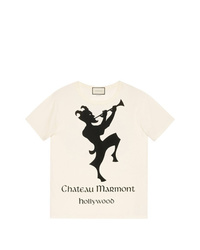 weißes und schwarzes bedrucktes T-Shirt mit einem Rundhalsausschnitt von Gucci