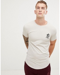 weißes und schwarzes bedrucktes T-Shirt mit einem Rundhalsausschnitt von Gym King