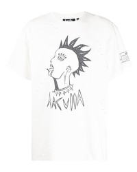 weißes und schwarzes bedrucktes T-Shirt mit einem Rundhalsausschnitt von Haculla
