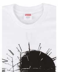 weißes und schwarzes bedrucktes T-Shirt mit einem Rundhalsausschnitt von Supreme