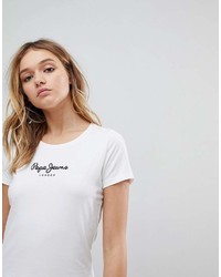 weißes und schwarzes bedrucktes T-Shirt mit einem Rundhalsausschnitt von Pepe Jeans
