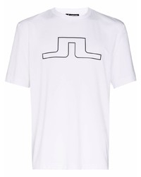 weißes und schwarzes bedrucktes T-Shirt mit einem Rundhalsausschnitt von J. Lindeberg